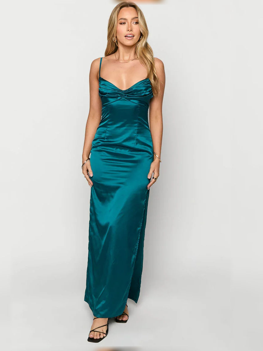 Teal sheath floor-length formal dress with V-neckline, full-length front view