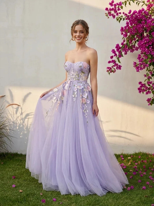 Light Purple floor-length wedding dress, front view showing the a-line silhouette