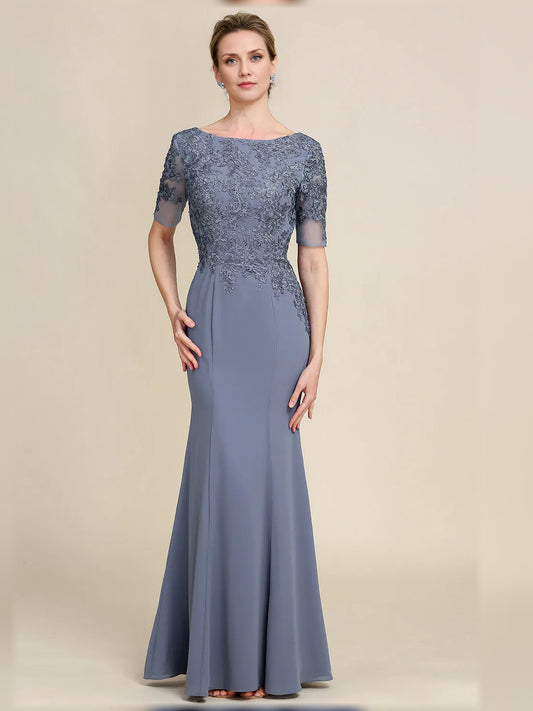 Dusty Blue maxi mother of the bride dress, front view showing the sheath silhouette