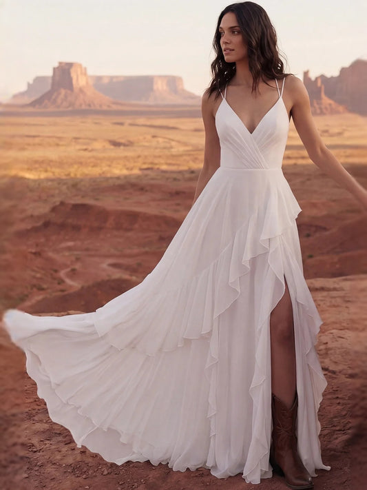 Ivory floor-length wedding dress, front view showing the a-line silhouette