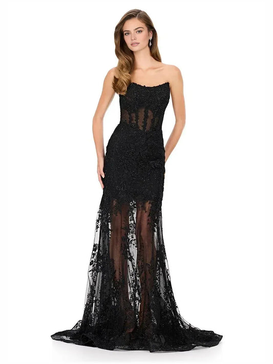 Black mermaid floor-length formal dress with strapless neckline, full-length front view
