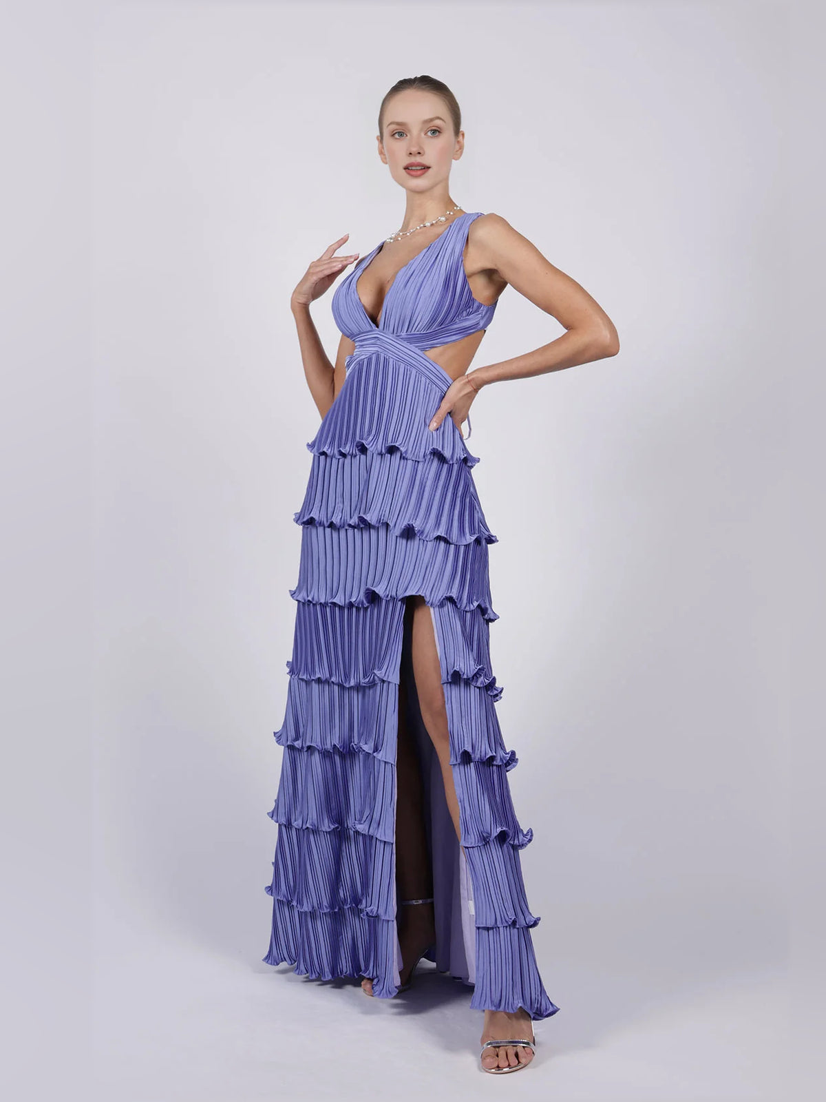 Purple a-line floor-length formal dress with V-neckline, full-length front view