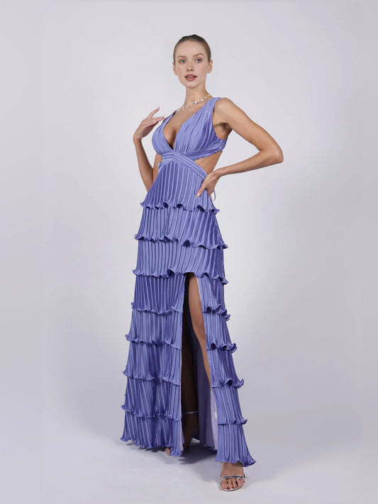 Purple a-line floor-length formal dress with V-neckline, full-length front view