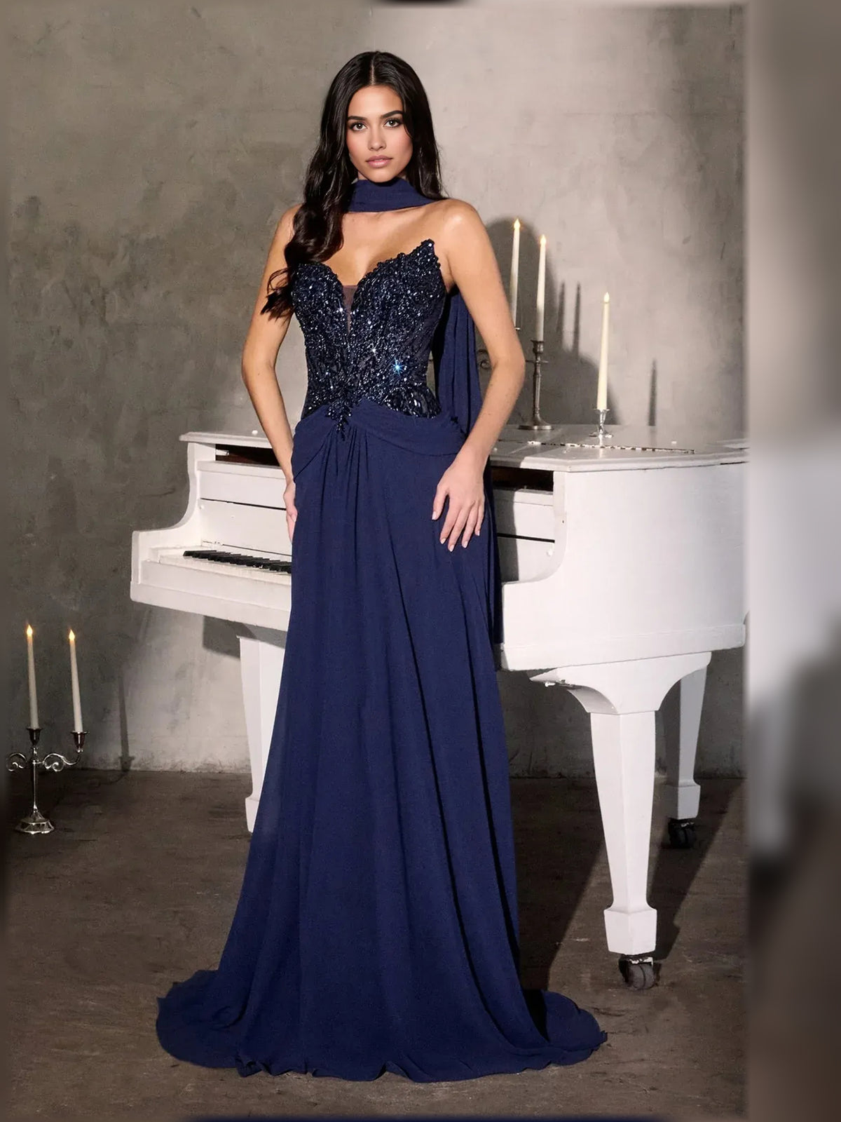 Navy Blue floor-length mother of the bride dress, front view showing the a-line silhouette