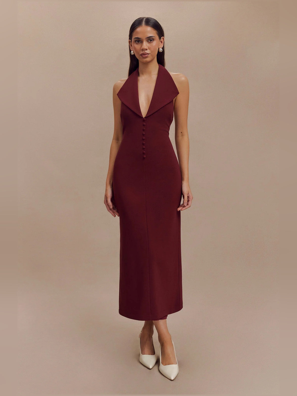 Merlot midi formal dress with halter neckline, full-length front view
