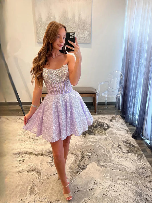 Lavender mini prom dress, front view showing the a-line silhouette