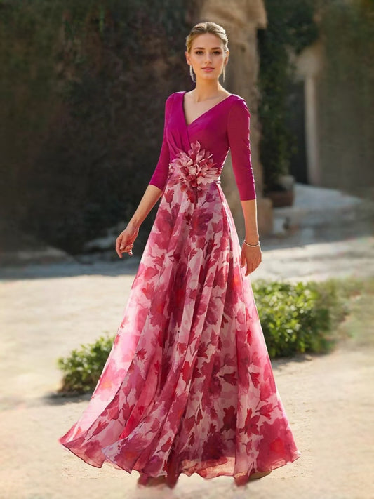 Fuchsia floor-length mother of the bride dress, front view showing the a-line silhouette