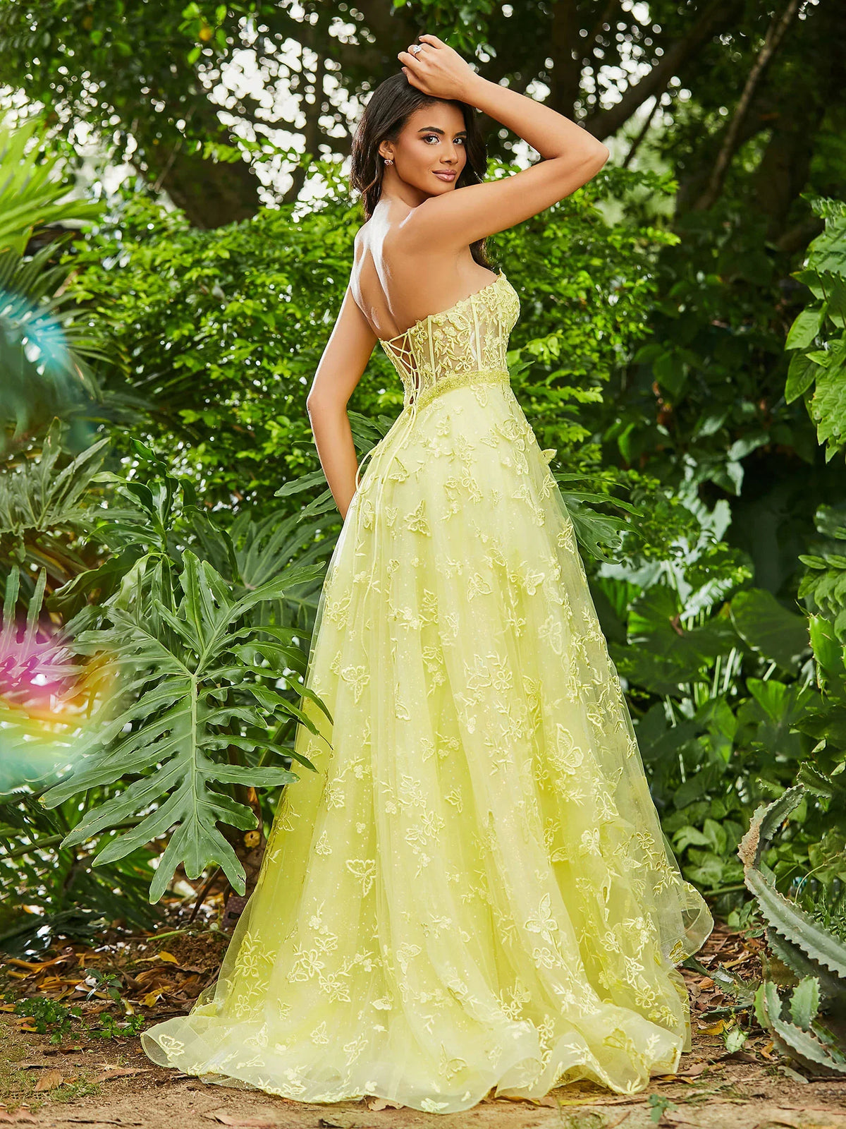 Pink floor-length prom dress, front view showing the a-line silhouette