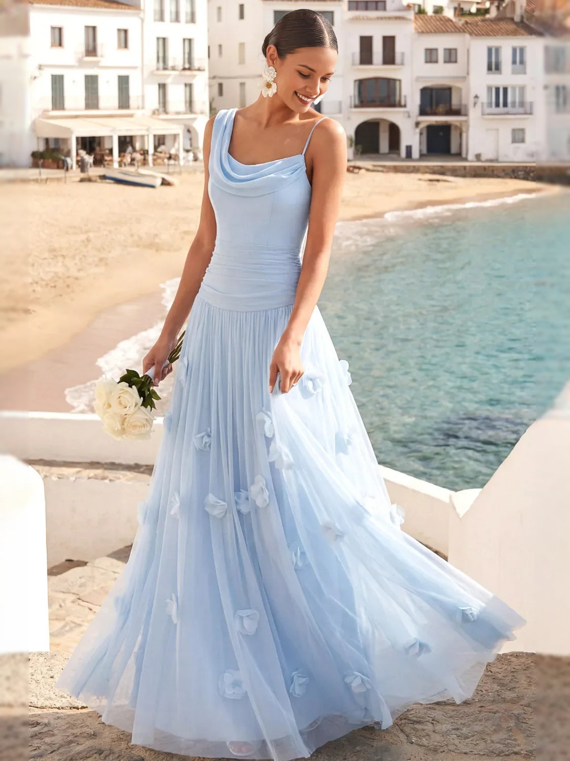 Light Blue maxi bridesmaid dress, front view showing the a-line silhouette