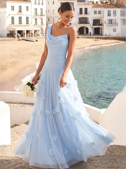 Light Blue maxi bridesmaid dress, front view showing the a-line silhouette