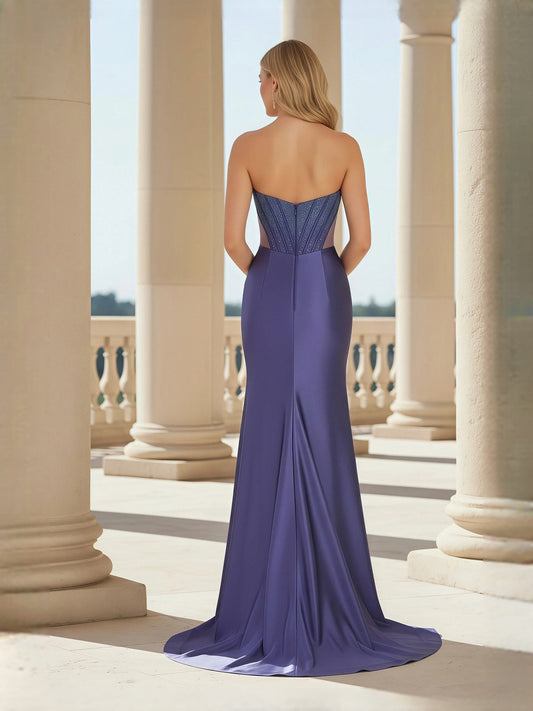 Dark Blue maxi prom dress, front view showing the mermaid silhouette