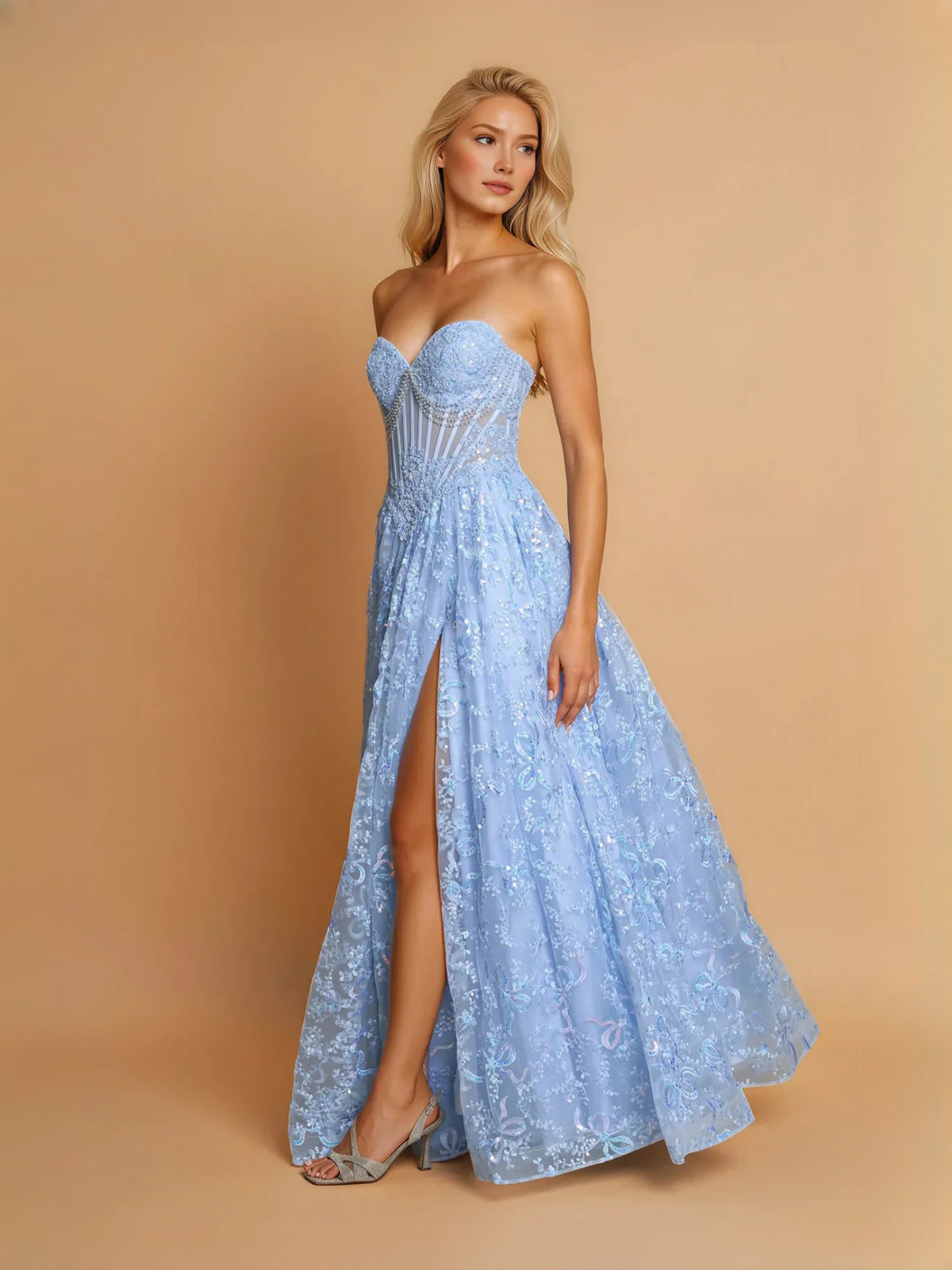 Light Blue maxi prom dress, front view showing the a-line silhouette