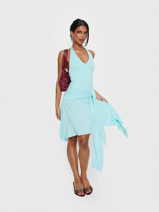 Turquoise midi formal dress with halter neckline, full-length front view
