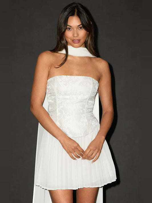 White Floral mini homecoming dress, front view showing the silhouette
