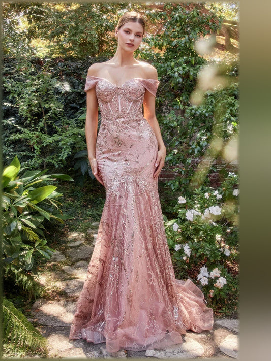 Rose Gold mermaid floor-length formal dress with off-the-shoulder neckline, full-length front view