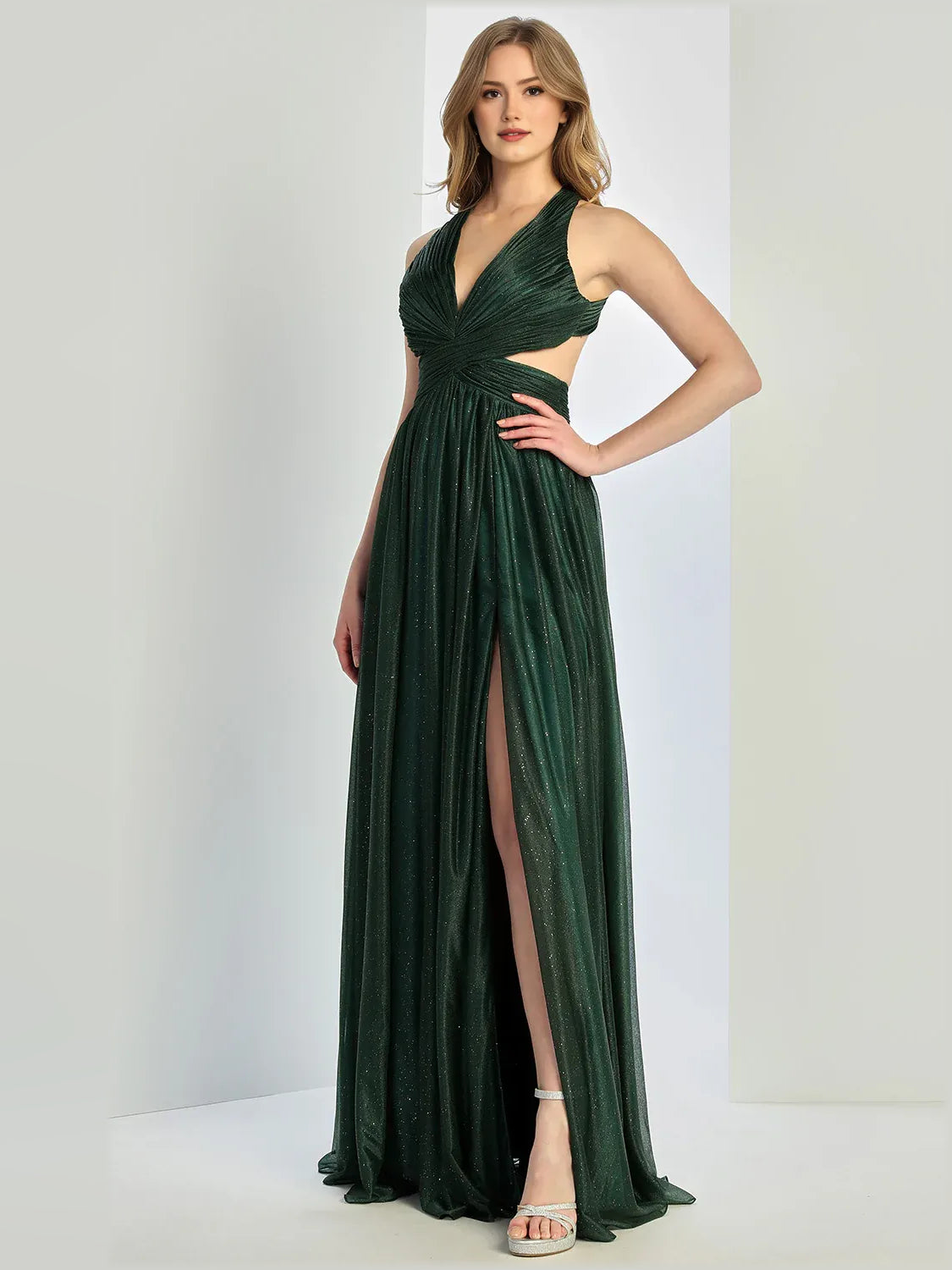 Dark Green a-line floor-length formal dress with halter neckline, full-length front view