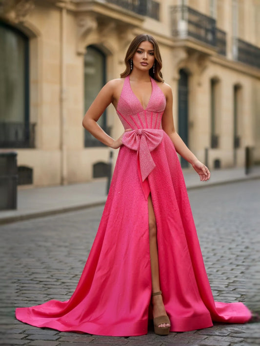Hot Pink floor-length prom dress, front view showing the a-line silhouette