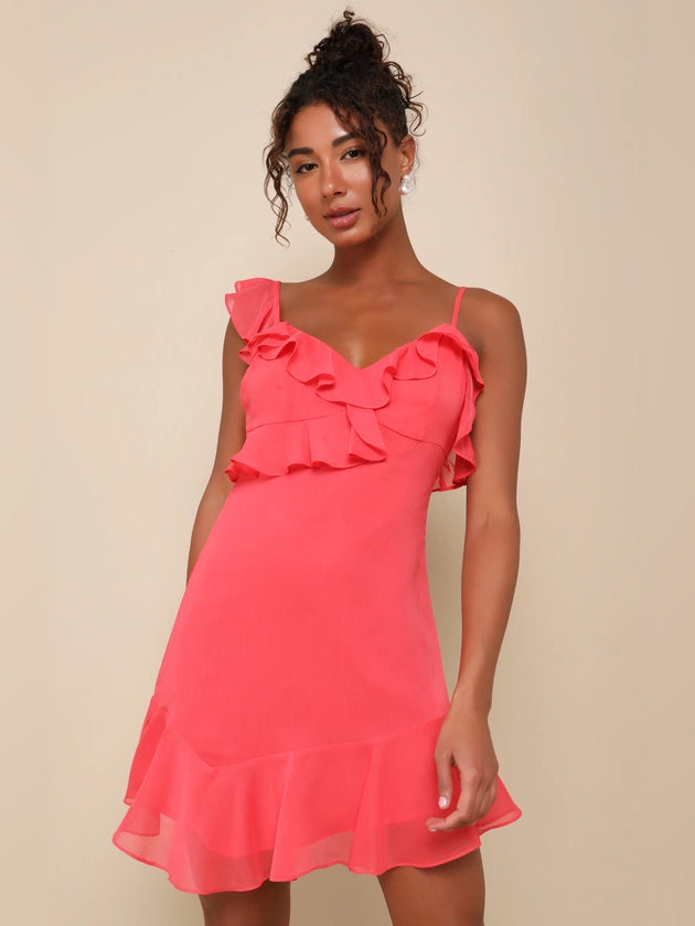 Coral Pink mini homecoming dress, front view showing the asymmetrical silhouette