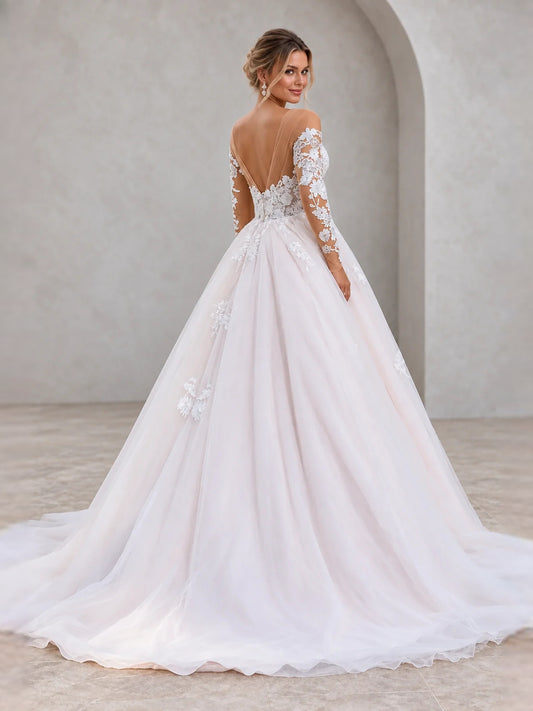 Ivory floor-length wedding dress, front view showing the a-line silhouette