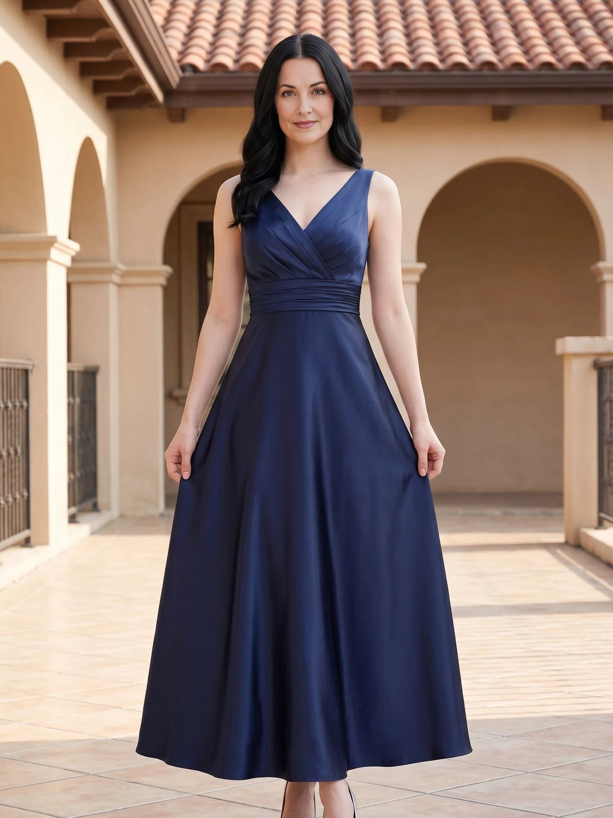 Dark Blue floor-length mother of the bride dress, front view showing the a-line silhouette