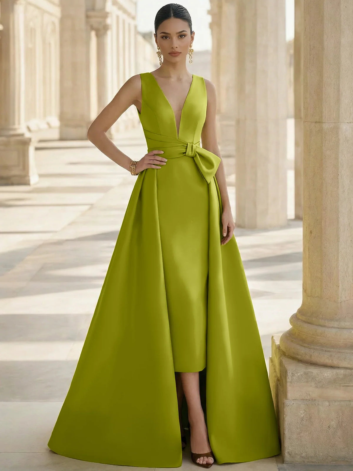 Olive Green a-line floor-length formal dress with V-neckline, full-length front view