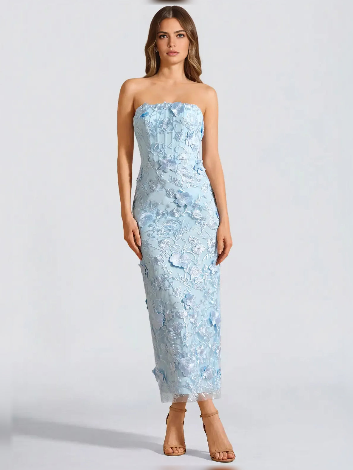 Sky Blue mermaid midi formal dress with strapless neckline, full-length front view