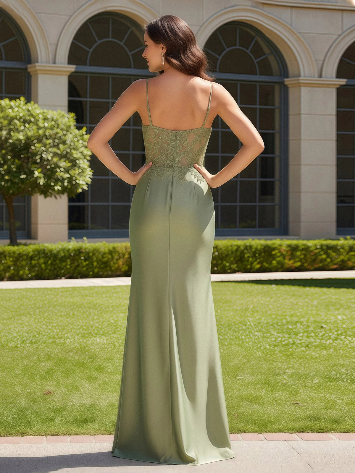 Dusty Sage floor-length prom dress, front view showing the mermaid silhouette