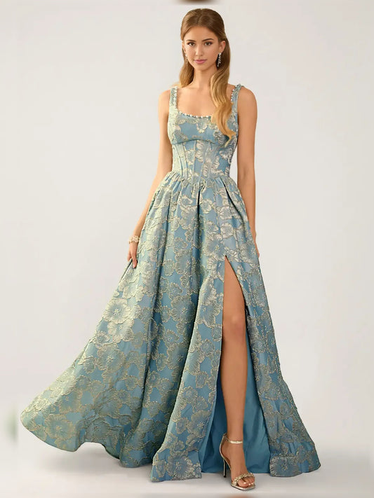 As Picture a-line floor-length formal dress with floral print, full-length front view