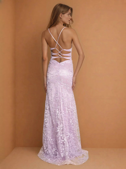 Lilac midi prom dress, front view showing the mermaid silhouette
