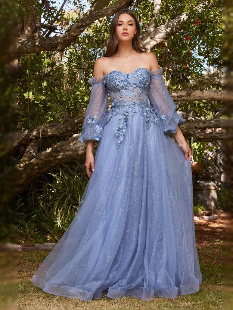 Slate Blue floor-length prom dress, front view showing the a-line silhouette