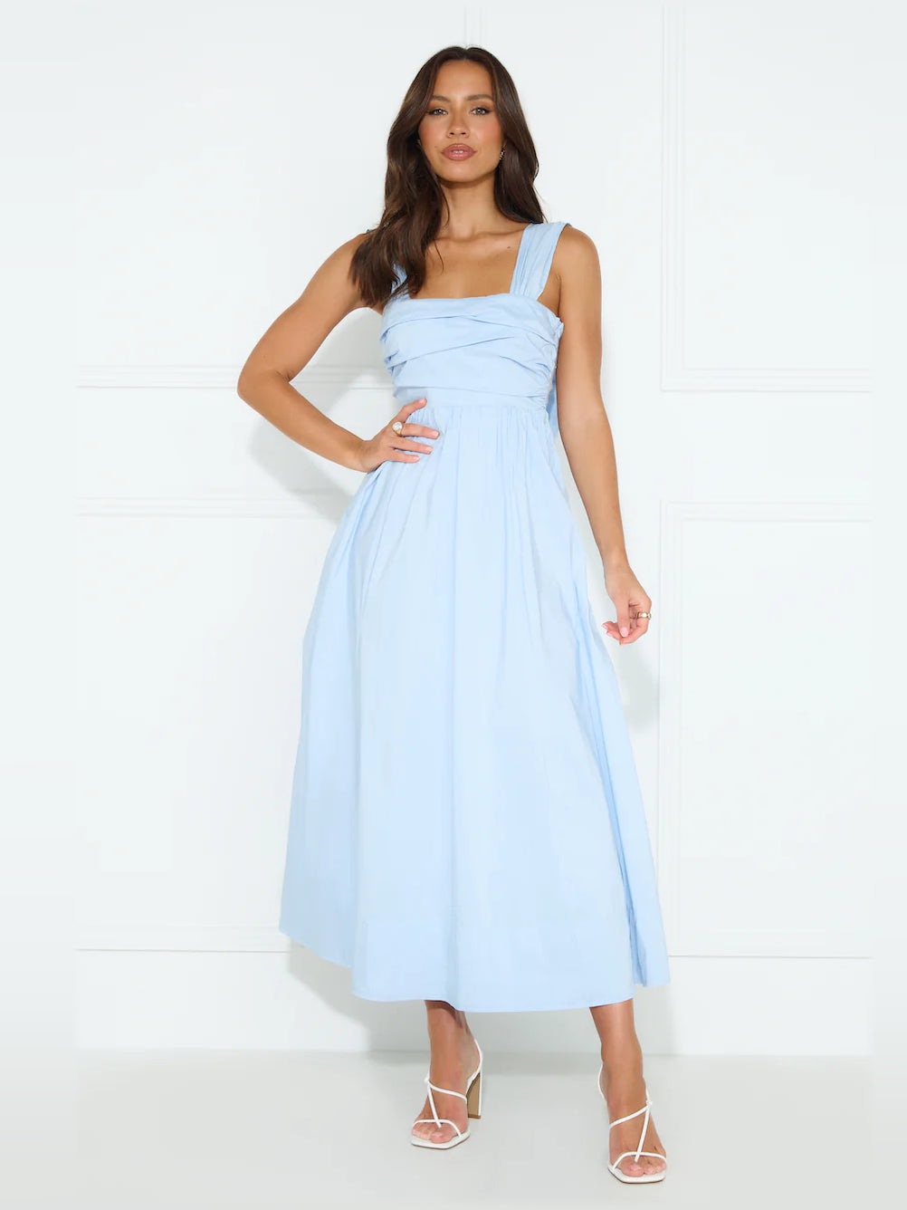 Blue midi formal dress, full-length front view