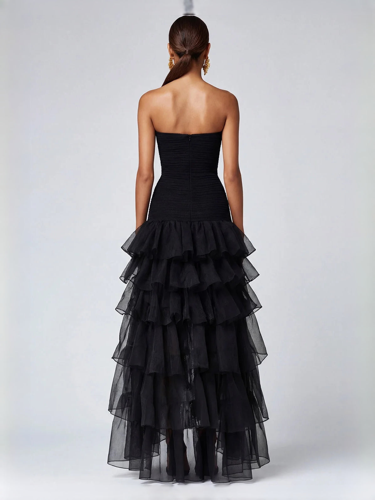 Black high-low prom dress, front view showing the a-line silhouette
