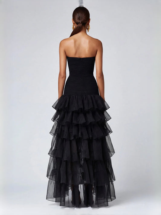 Black high-low prom dress, front view showing the a-line silhouette