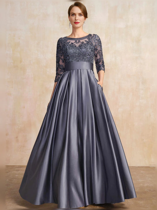 Grey floor-length mother of the bride dress, front view showing the a-line silhouette