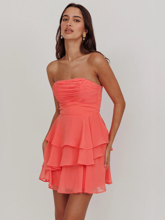 Peach mini homecoming dress, front view showing the silhouette
