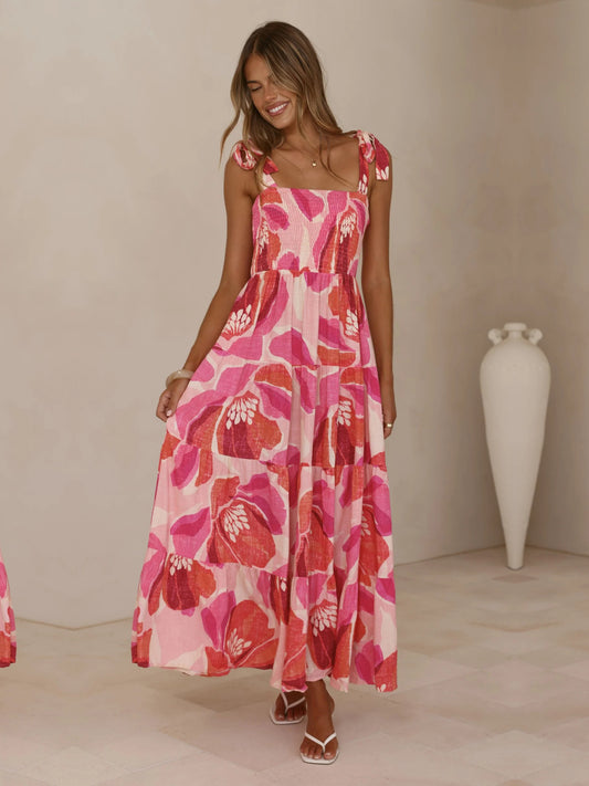 Pink a-line maxi formal dress with square neckline, full-length front view