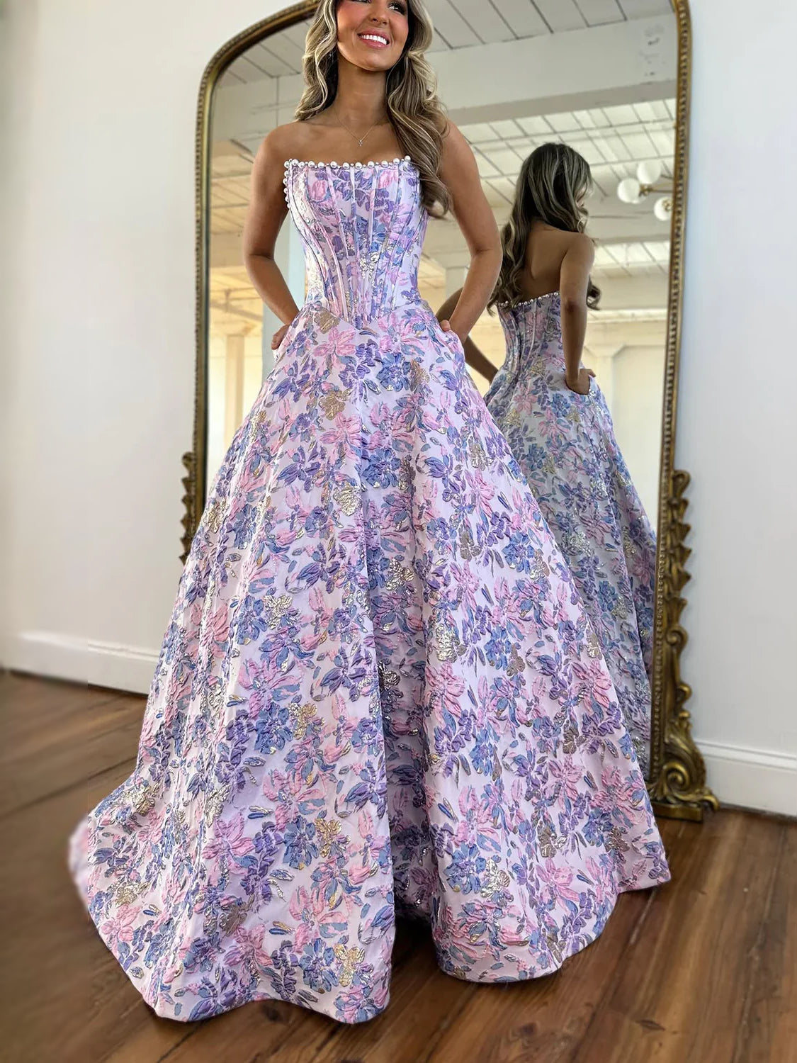 Lilac maxi prom dress, front view showing the a-line silhouette