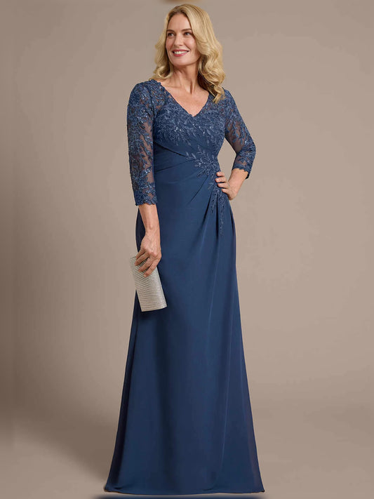 Dark Navy floor-length mother of the bride dress, front view showing the a-line silhouette