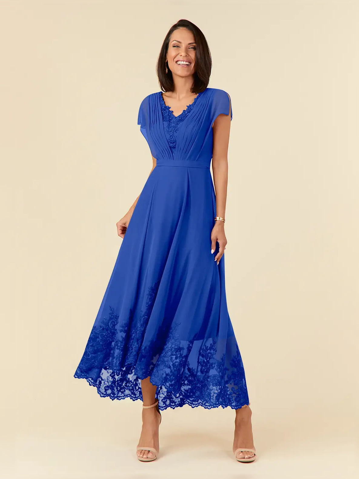 Royal Blue midi mother of the bride dress, front view showing the a-line silhouette