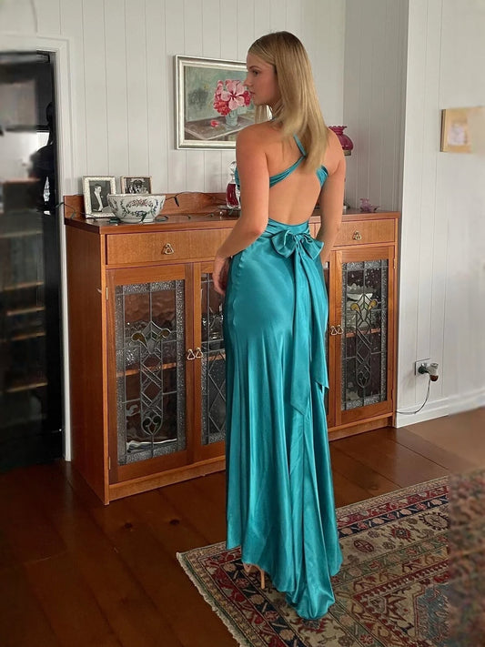 Taupe floor-length bridesmaid dress, front view showing the sheath silhouette