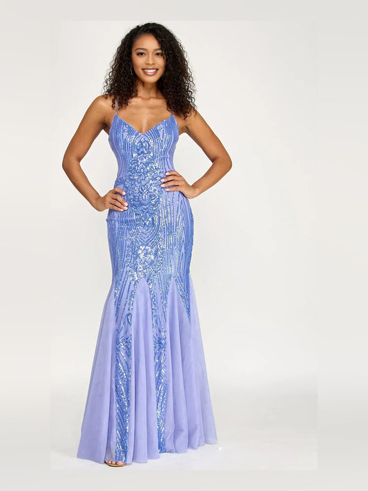 Periwinkle floor-length prom dress, front view showing the mermaid silhouette