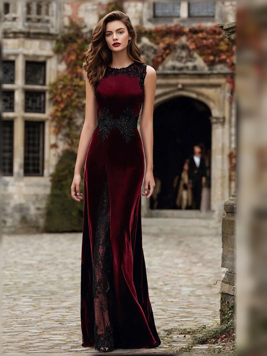 Burgundy sheath floor-length formal dress with skirt slit, full-length front view