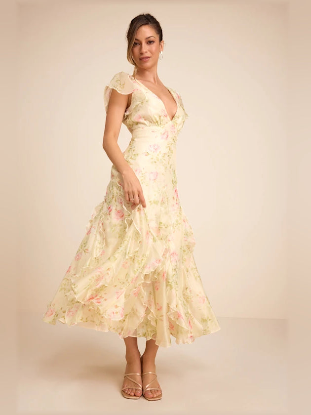 Light Green Floral midi formal dress with floral print, full-length front view