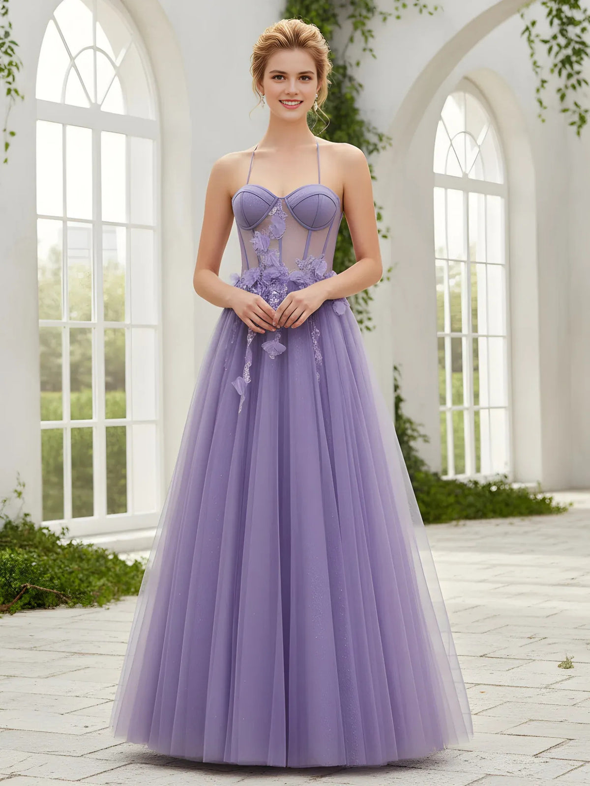 Lilac floor-length prom dress, front view showing the a-line silhouette