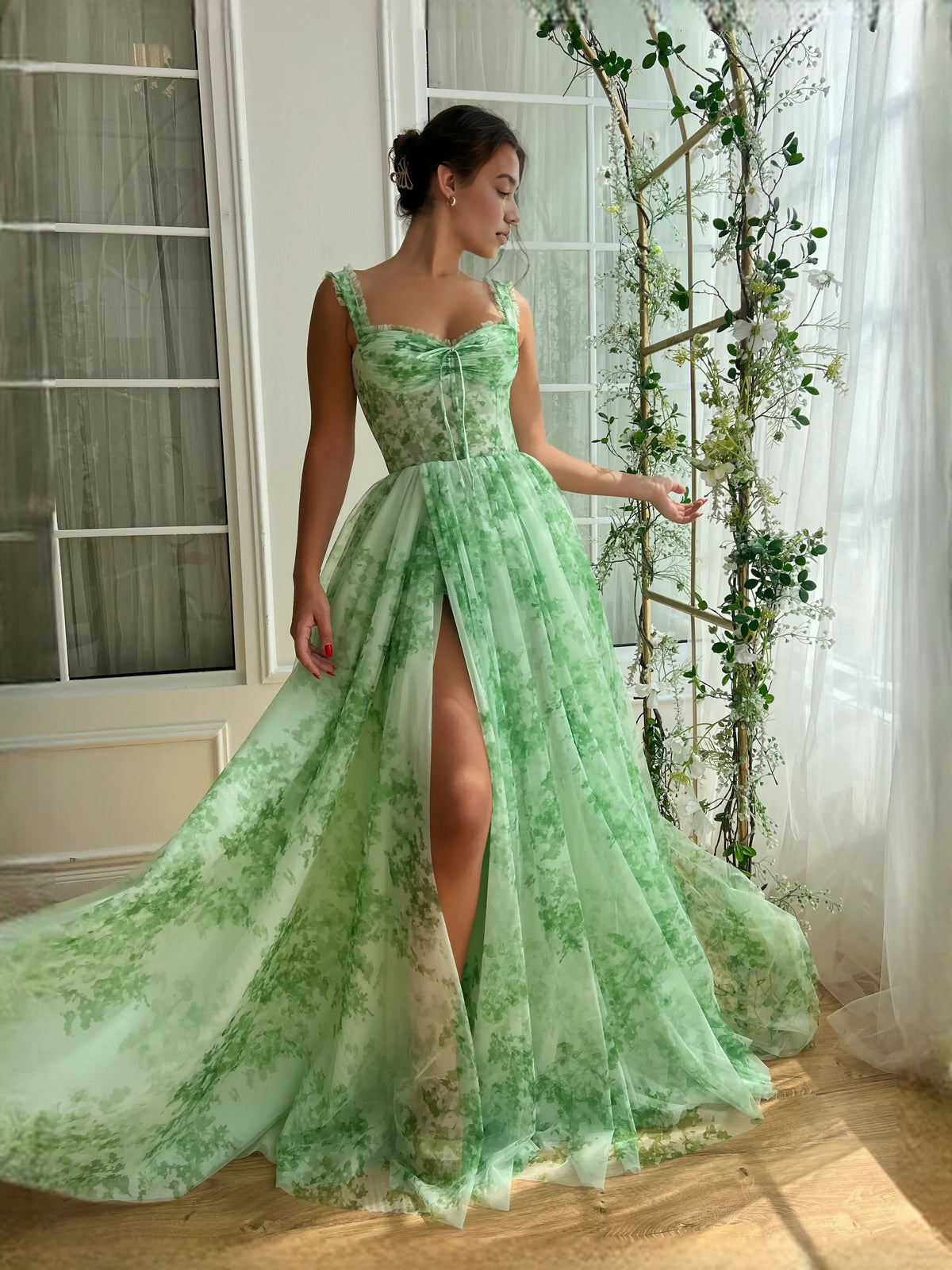 As Picture floor-length prom dress, front view showing the a-line silhouette