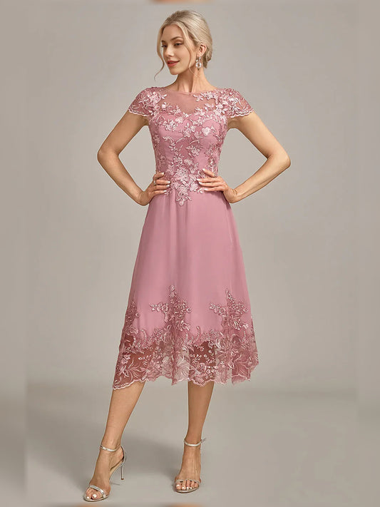 Dusty Rose knee-length mother of the bride dress, front view showing the a-line silhouette