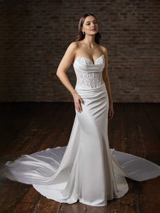 White floor-length wedding dress, front view showing the mermaid silhouette