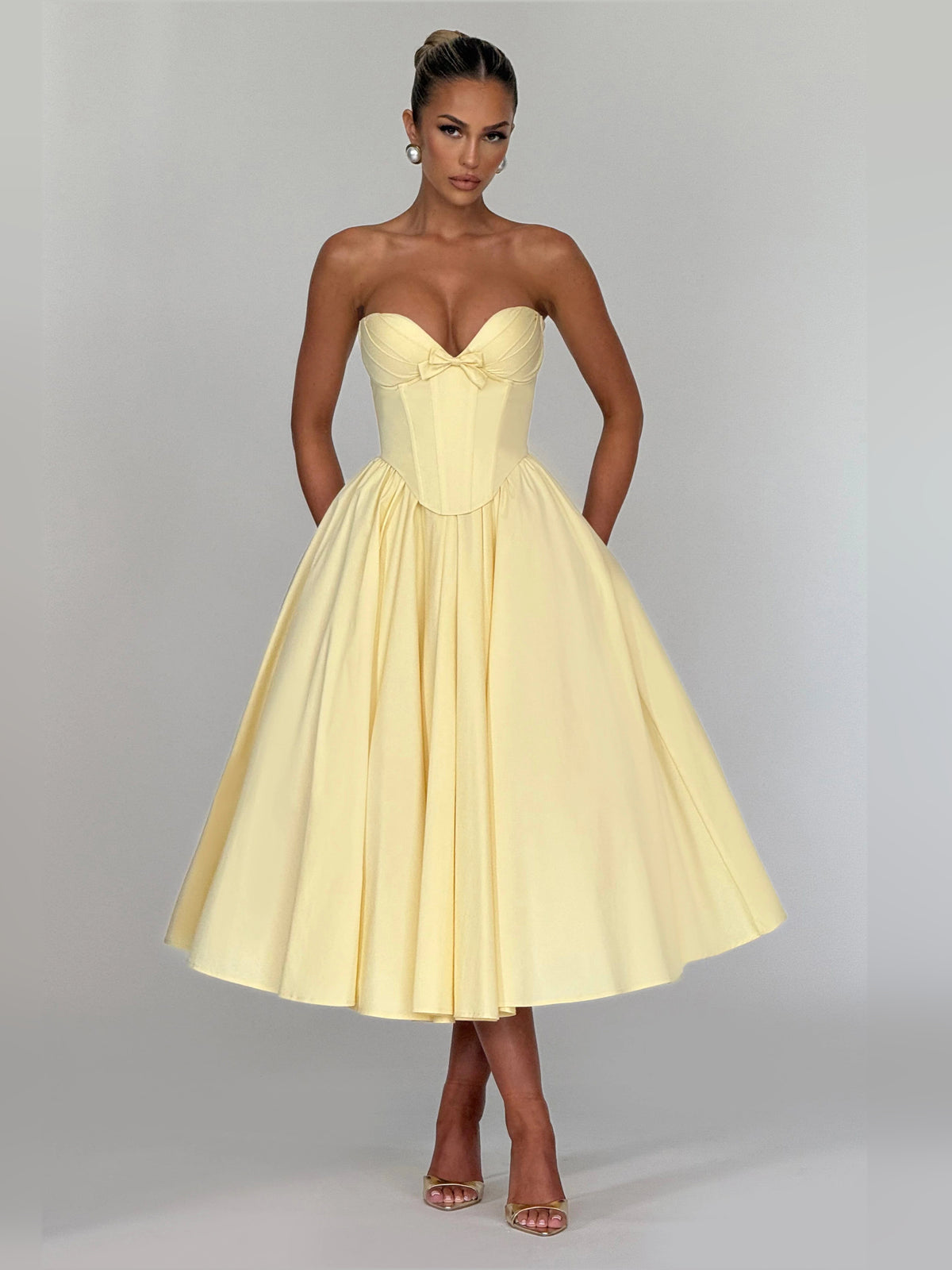 Lemon midi formal dress, full-length front view