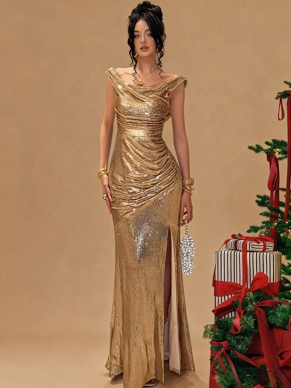Yellow mermaid floor-length formal dress with off-the-shoulder neckline, full-length front view