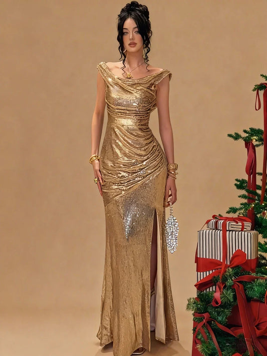 Yellow mermaid floor-length formal dress with off-the-shoulder neckline, full-length front view